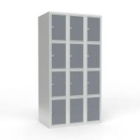 Skoleskab 90x55x175cm, 12 rum, lige tag, gr&aring; d&oslash;re, h&aelig;ngel&aring;se