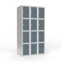 Skoleskab 90x55x175cm, 12 rum, lige tag, sorte døre, hængelåse