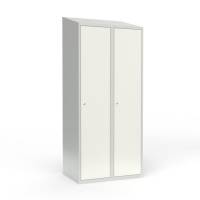 Skoleskab i st&aring;l med 2 rum, skr&aring;t tag og cylinderl&aring;s 80x55x190cm hvid