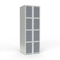 Skoleskab 60x55x175cm, 8 rum, lige tag, grå døre, cylinderlåse