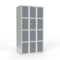 Skoleskab 90x55x175cm, 12 rum, lige tag, gr&aring; d&oslash;re, cylinderl&aring;se