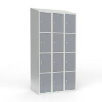 Skoleskab i st&aring;l med 12 rum, skr&aring;t tag og cylinderl&aring;s 90x55x190cm gr&aring;
