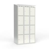 Skoleskab i stål med 12 rum, skråt tag og cylinderlås 90x55x190cm hvid