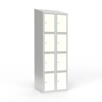 Skoleskab 60x55x190cm, 8 rum, skr&aring;t tag, hvide d&oslash;re, cylinderl&aring;se