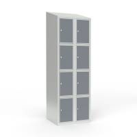 Skoleskab 60x55x190cm, 8 rum, skr&aring;t tag, gr&aring; d&oslash;re, cylinderl&aring;se