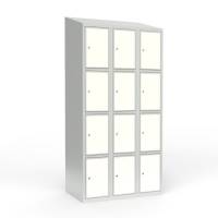 Skoleskab 90x55x190cm, 12 rum, skråt tag, hvide døre, cylinderlåse