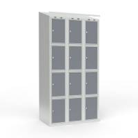 Skoleskab 90x55x190cm, 12 rum, skråt tag, grå døre, cylinderlåse