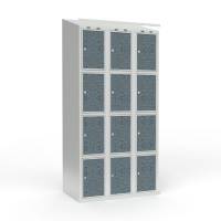 Skoleskab 90x55x190cm, 12 rum, skråt tag, sorte døre, cylinderlåse