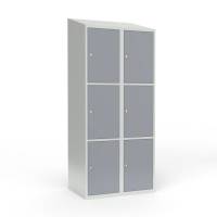 Skoleskab i st&aring;l med 6 rum, skr&aring;t tag og cylinderl&aring;s 80x55x190cm gr&aring;