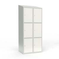 Skoleskab i st&aring;l med 6 rum, skr&aring;t tag og cylinderl&aring;s 80x55x190cm hvid