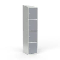 Skoleskab i stål med 4 rum, skråt tag og cylinderlås 40x55x190cm grå