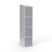 Skoleskab i st&aring;l med 4 rum, skr&aring;t tag og cylinderl&aring;s 40x55x190cm gr&aring;