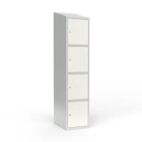 Skoleskab i stål med 4 rum, skråt tag og cylinderlås 40x55x190cm hvid