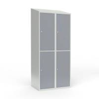 Skoleskab i st&aring;l med 4 rum, skr&aring;t tag og cylinderl&aring;s 80x55x190cm gr&aring;