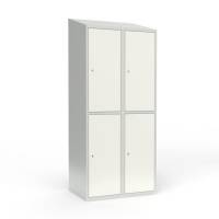 Skoleskab i st&aring;l med 4 rum, skr&aring;t tag og cylinderl&aring;s 80x55x190cm hvid