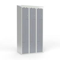 Skoleskab 90x55x190cm, skr&aring;t tag, 6 gr&aring; Z-st&aring;ld&oslash;re, cylinderl&aring;se