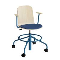 ADD elevstol på hjul hvidpigmenteret eg laminat med blåt tekstil sæde, armlæn og blåt stel