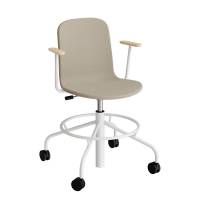 ADD elevstol p&aring; hjul med helbetrukket beige tekstil, arml&aelig;n og hvidt glans stel
