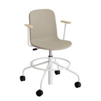 ADD elevstol p&aring; hjul med helbetrukket beige tekstil, arml&aelig;n og hvidt stel 