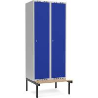 Garderobeskab 2x400mm med siddebænk, 1 rum i højden med blå døre og cylinderlåse