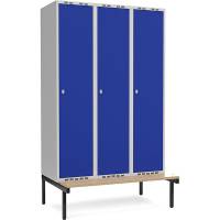 Garderobeskab 3x400mm med siddeb&aelig;nk, 1 rum i h&oslash;jden med bl&aring; d&oslash;re og greb til h&aelig;ngel&aring;se