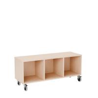 Stig reol med 3 rum p&aring; store hjul 520x1200x400mm lys eg laminat