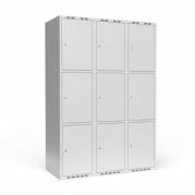 Garderobeskab 3x400mm med lige tag, 3 rum i højden med lys grå døre og cylinderlåse