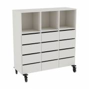 Stig opbevaringsmodul med 3 rum og 12 skuffer p&aring; hjul i gr&aring; laminat 