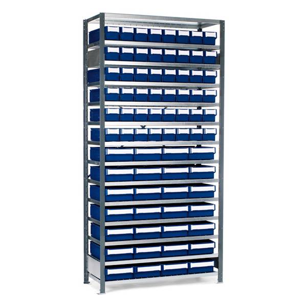 Lagerreol V06 til sm&aring;dele nr.3 inkl. 76 plastkasser, dybde 300mm