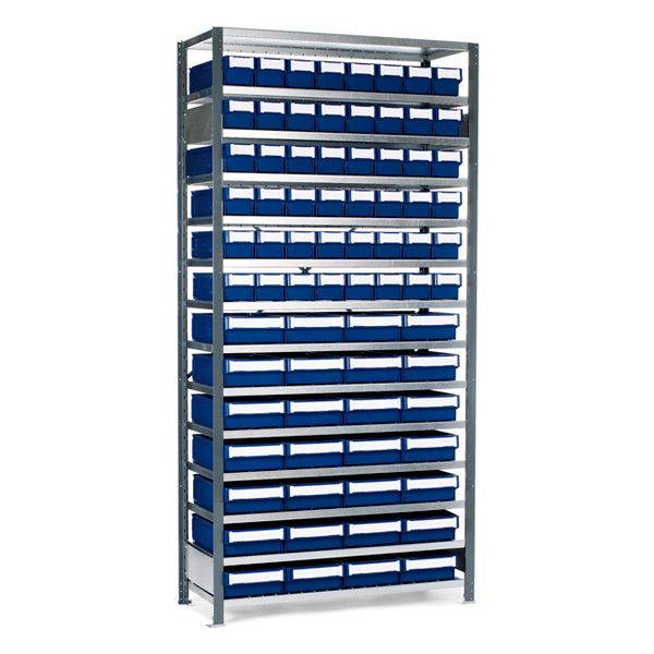 Lagerreol V06 til sm&aring;dele nr.3 inkl. 76 plastkasser, dybde 500mm