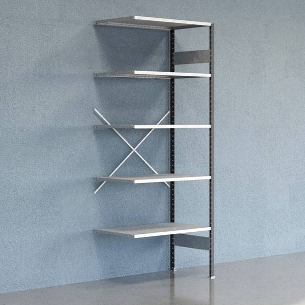 Lagerreol V06 udvidelsesfag med &aring;ben gavl 2500x1000x600mm galvaniseret