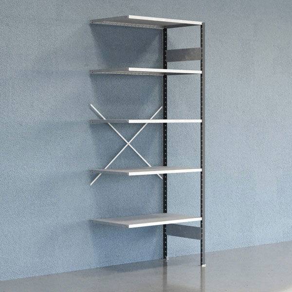 Lagerreol V06 udvidelsesfag med &aring;ben gavl 2500x1000x600mm galvaniseret