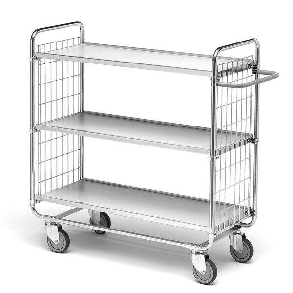 Rullevogn med 3 hylder 1120x460x1380mm, s&oslash;lv med gr&aring; hjul