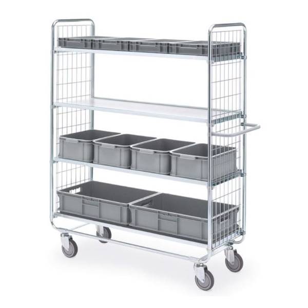 Rullevogn med 4 hylder 1585x460x1380mm, s&oslash;lv med gr&aring; hjul