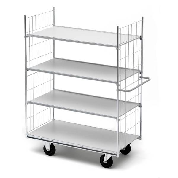 Rullevogn med 4 hylder 1690x650x990mm, s&oslash;lv med sorte hjul