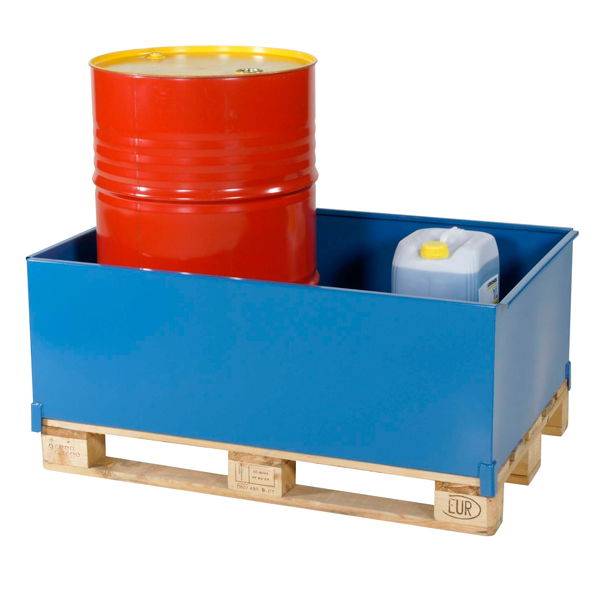 Opsamlingskar, spildbassin i st&aring;l til brug p&aring; EURO paller, bl&aring;