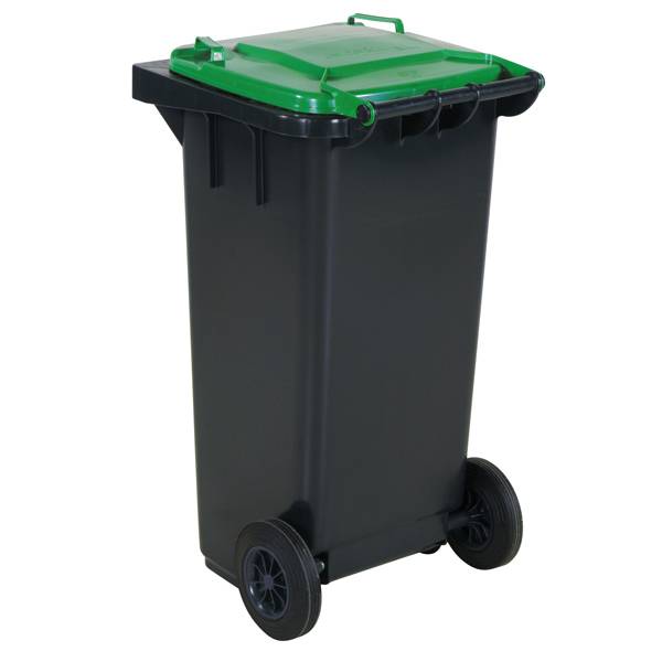 Affaldsbeholder HDPE 120 liter gr&aring; med gr&oslash;nt l&aring;g