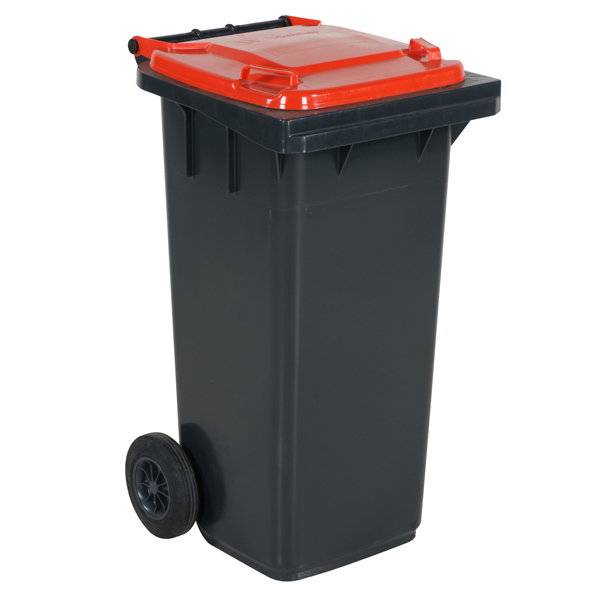Affaldsbeholder HDPE 120 liter gr&aring; med r&oslash;dt l&aring;g