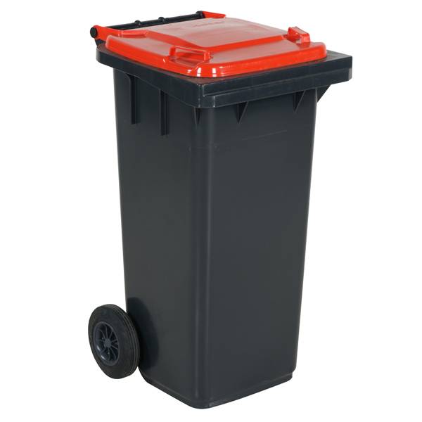 Affaldsbeholder HDPE 120 liter gr&aring; med r&oslash;dt l&aring;g