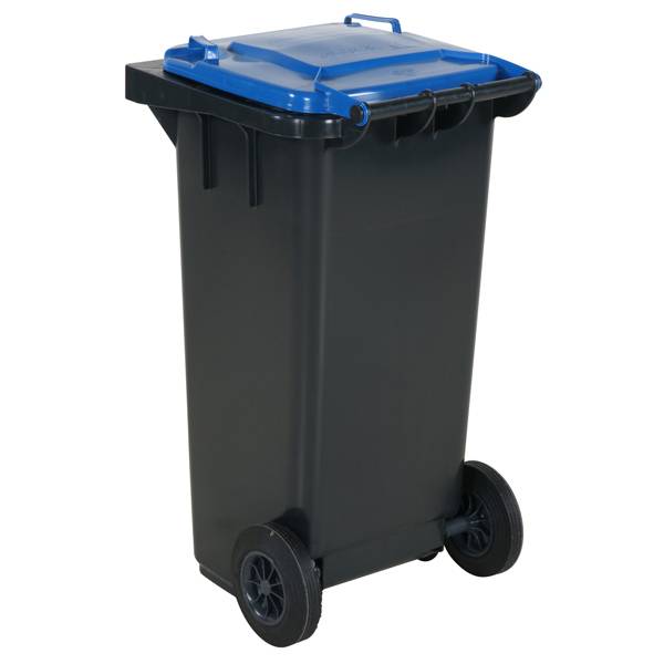 Affaldsbeholder HDPE 120 liter gr&aring; med bl&aring;t l&aring;g