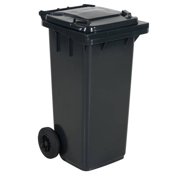 Affaldsbeholder HDPE 120 liter gr&aring; med gr&aring;t l&aring;g