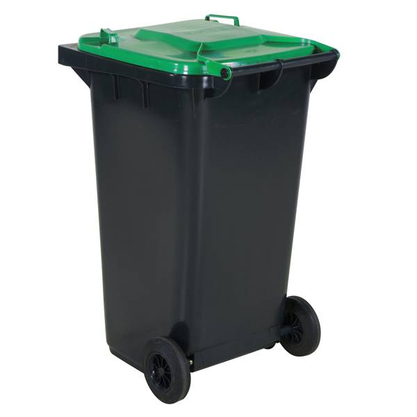 Affaldsbeholder HDPE 240 liter gr&aring; med gr&oslash;nt l&aring;g
