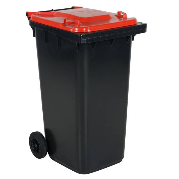 Affaldsbeholder HDPE 240 liter gr&aring; med r&oslash;dt l&aring;g
