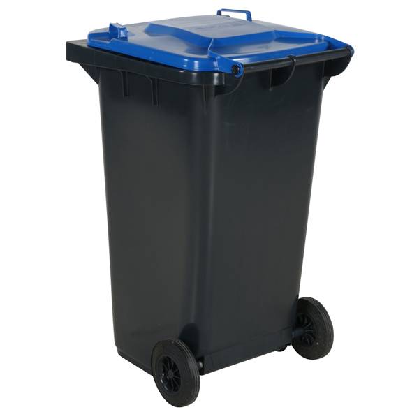 Affaldsbeholder HDPE 240 liter gr&aring; med bl&aring;t l&aring;g