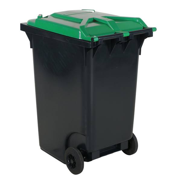 Affaldsbeholder HDPE 360 liter gr&aring; med gr&oslash;nt l&aring;g