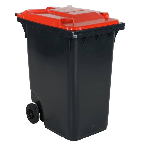 Affaldsbeholder HDPE 360 liter gr&aring; med r&oslash;dt l&aring;g