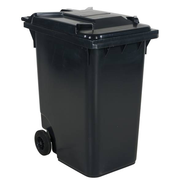 Affaldsbeholder HDPE 360 liter gr&aring; med gr&aring;t l&aring;g