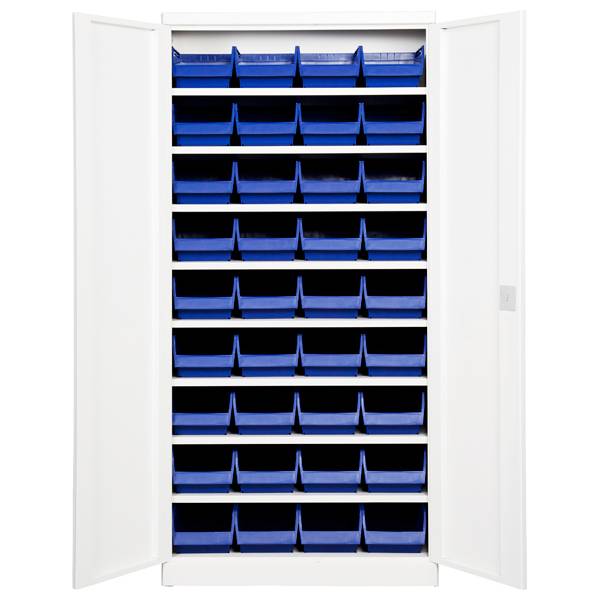 Opbevaringsskab med 36 blå kasser 1980x980x470mm, lys grå døre