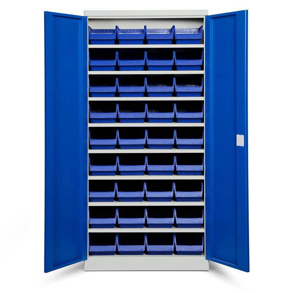 Opbevaringsskab med 36 bl&aring; kasser 1980x980x470mm, bl&aring; d&oslash;re