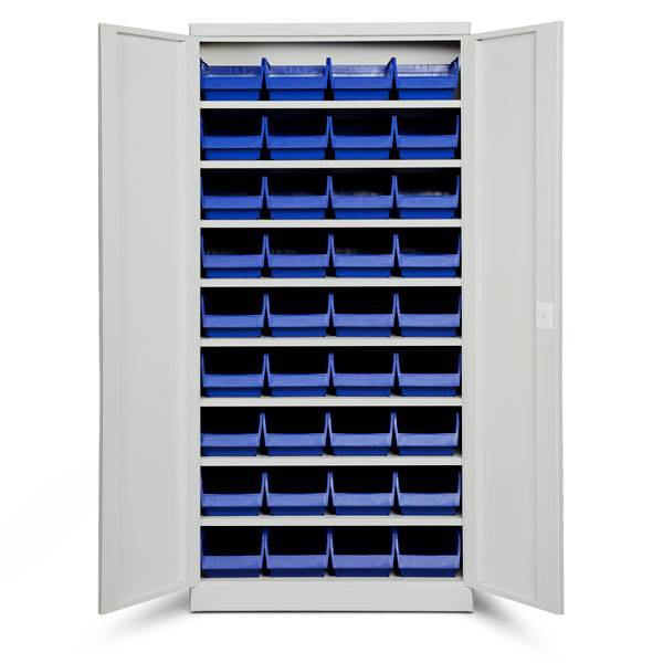 Opbevaringsskab med 36 bl&aring; kasser 1980x980x570mm, lys gr&aring; d&oslash;re